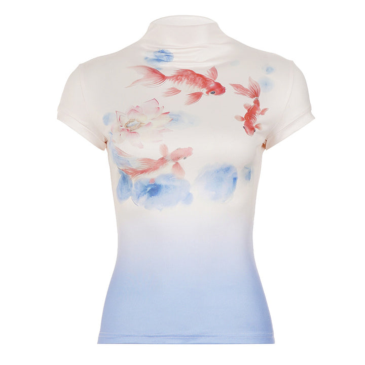 Damen Kurzarmshirt mit floralem Motiv und hochgeschlossenem Kragen Echo Archiv