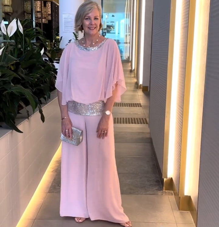 Damen Elegantes Abendzweiteiler mit Chiffon-Cape und Palazzo‑Hose Echoarchiv