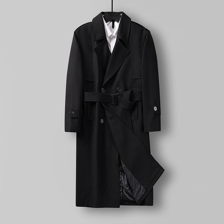 Herren Midilanger Doppelreihiger Trenchcoat mit Taillengürtel, abgefalcetem Revers und kariertem Innenfutter Echoarchiv