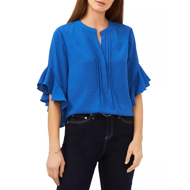 Damen Rüschen-Bluse mit V-Schlitz, lockerem Schnitt und Trompetenärmeln – Avérine