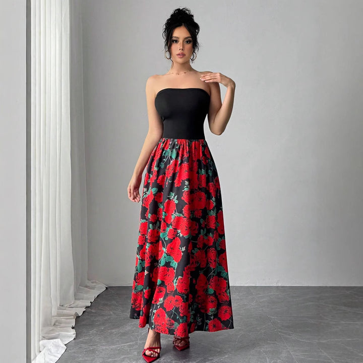 Damen nan trägerloses Maxikleid mit figurbetontem Bandeau-Oberteil und ausgestelltem Rosen-Print-Rock Echo Archiv