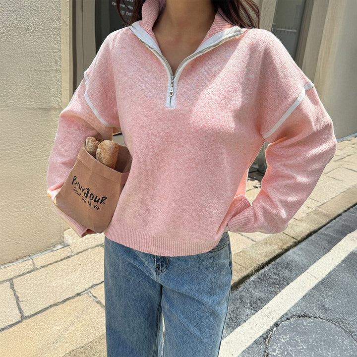 Damen oversized Strickpullover mit halbem Reißverschluss, Kontrastpaspeln und überschnittener Schulter – Mavelle