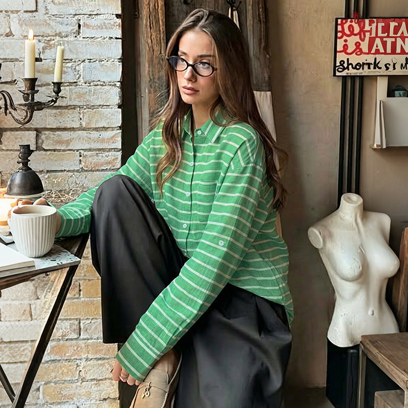 Damen Legere gestreifte Oversize-Hemdbluse aus Leinenoptik mit Brusttasche – Maréline