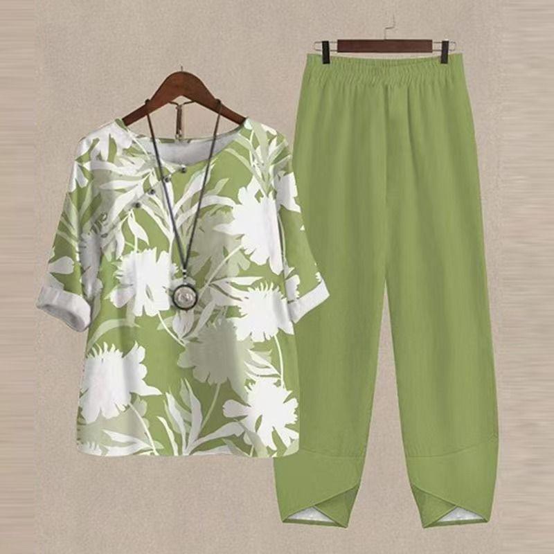 Damen nan luftiges Tunika-Zweiteiler mit botanischem Blattprint, legerer V-Ausschnitt-Bluse und elastischer Komforthose Echo Archiv