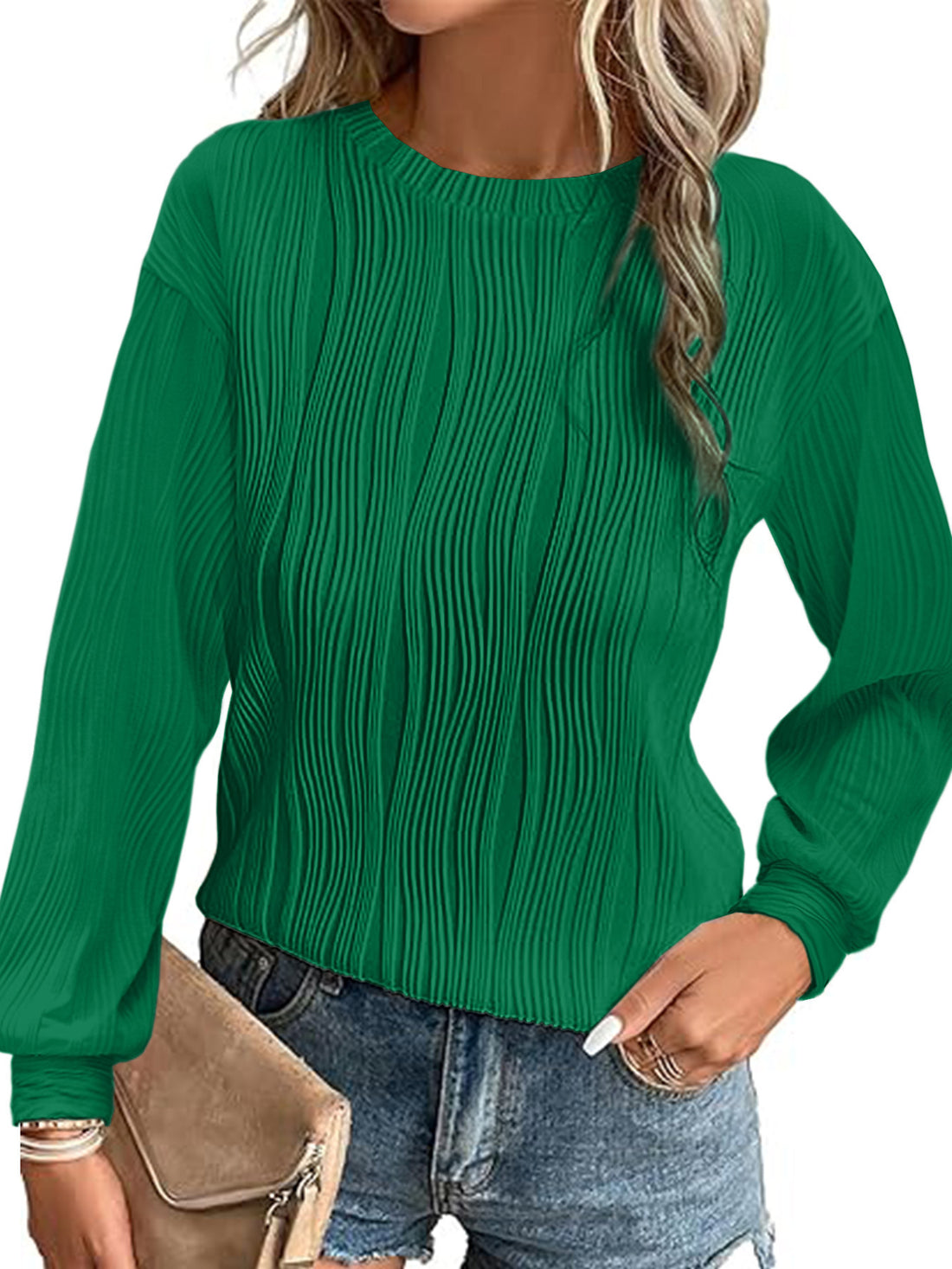 Damen Fein plissiertes Langarmshirt mit Rundhalsausschnitt und strukturierter Wellenoptik – Élovi