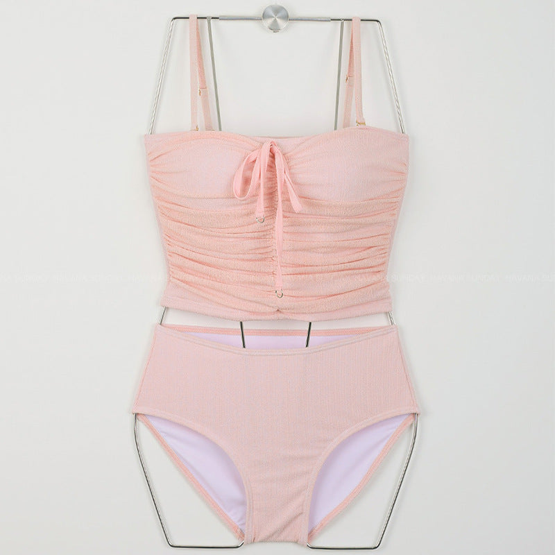 Damen Hoch tailliertes Bikini-Set mit gerafftem Oberteil und verstellbaren Trägern Echo Archiv