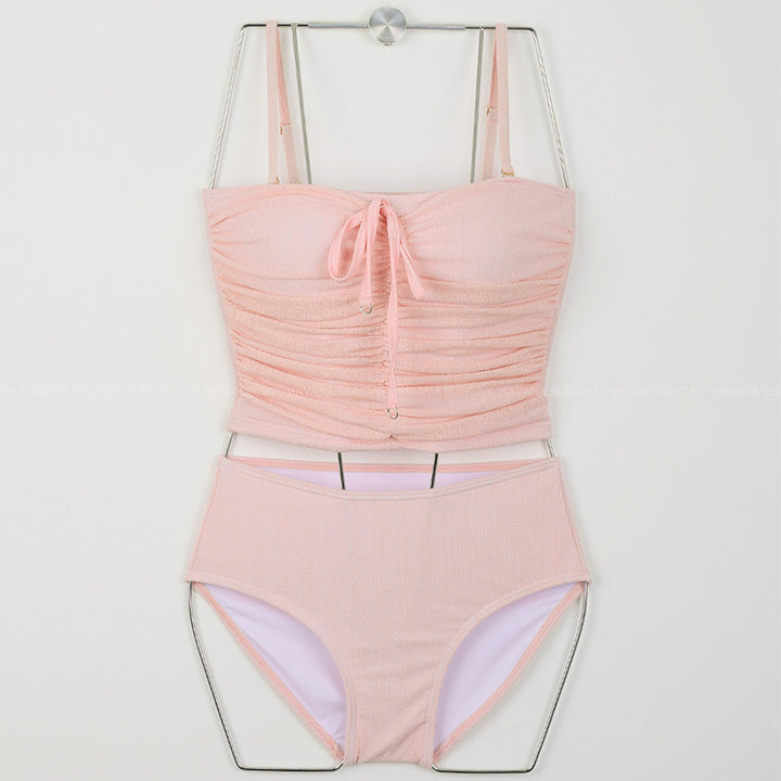 Damen Hoch tailliertes Bikini-Set mit gerafftem Oberteil und verstellbaren Trägern Echo Archiv