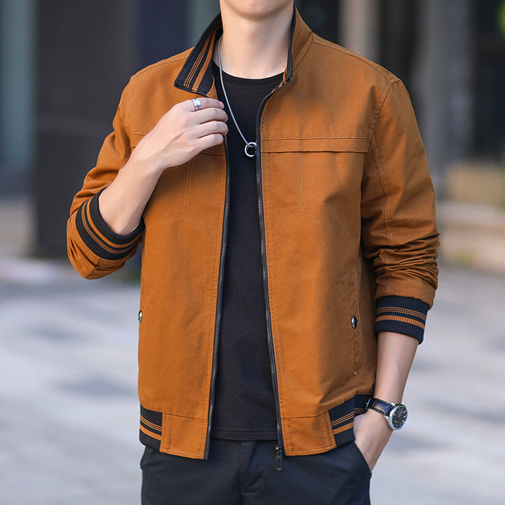 Herren moderner Canvas-Bomberjacke im Worker‑Stil mit gestreiften Rippbündchen und Reißverschluss Echoarchiv