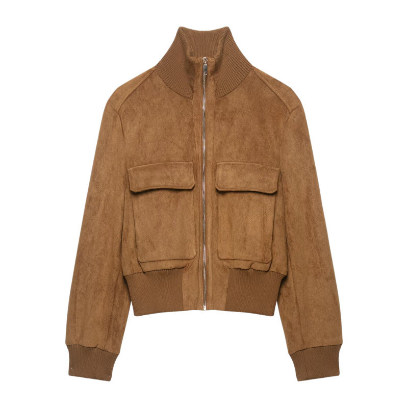 Damen Kurze Wildlederoptik-Bomberjacke mit Stehkragen, Klappentaschen und Rippbündchen Echo Archiv