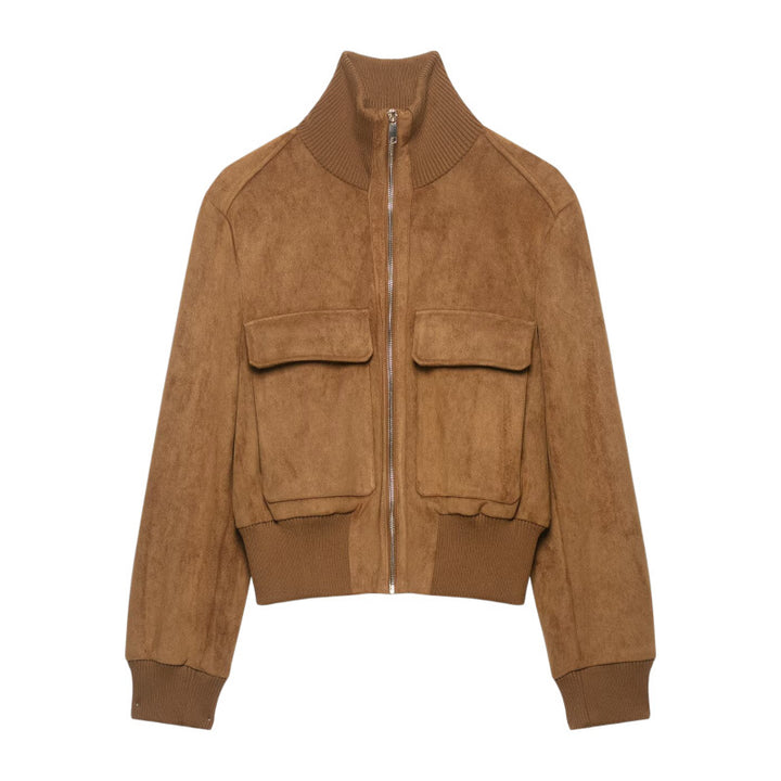 Damen Kurze Wildlederoptik-Bomberjacke mit Stehkragen, Klappentaschen und Rippbündchen Echo Archiv