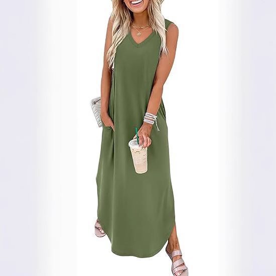 Damen Maxi-Kleid mit modernem V-Ausschnitt und praktischem Taschendesign Echo Archiv