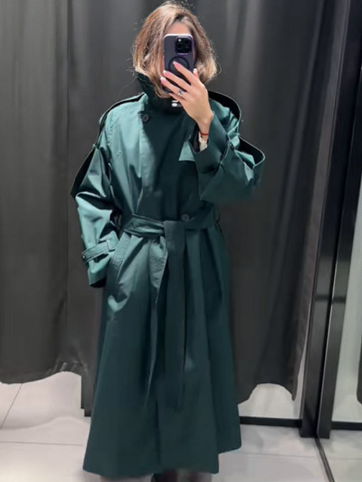 Damen Langer wasserabweisender Trenchcoat mit Taillengürtel und hohem Stehkragen Echoarchiv