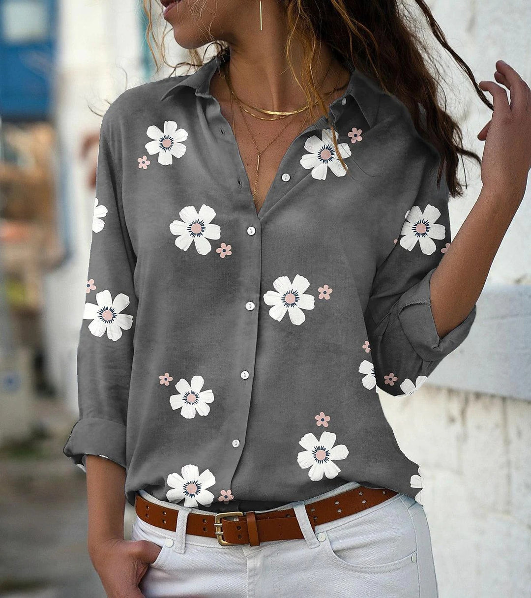 Damen Bluse mit Blumenmuster, Hemdkragen und lockerer Passform Echoarchiv