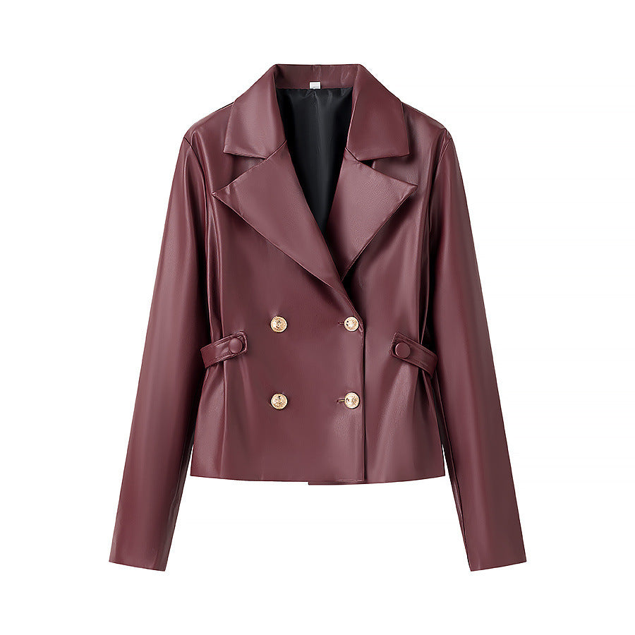 Damen tailliertes Doppelreiher-Blazer- und Faltenmini-Set aus veganem Leder – Valéne