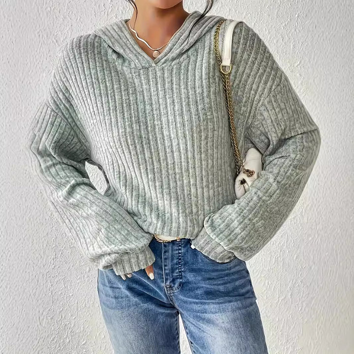 Damen Gerippter Kapuzenpullover mit V-Ausschnitt und Oversize-Ärmeln Echoarchiv