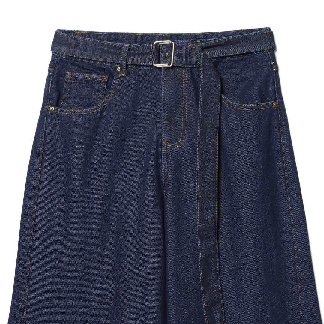 Damen hochgeschnittene Jeans mit weitem Bein, Stoffgürtel und großen Vordertaschen – Dénora