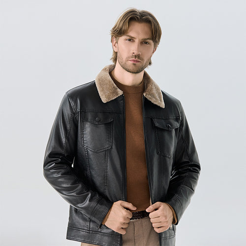 Herren Elegante Lederjacke mit Fleece-Kragen Echoarchiv