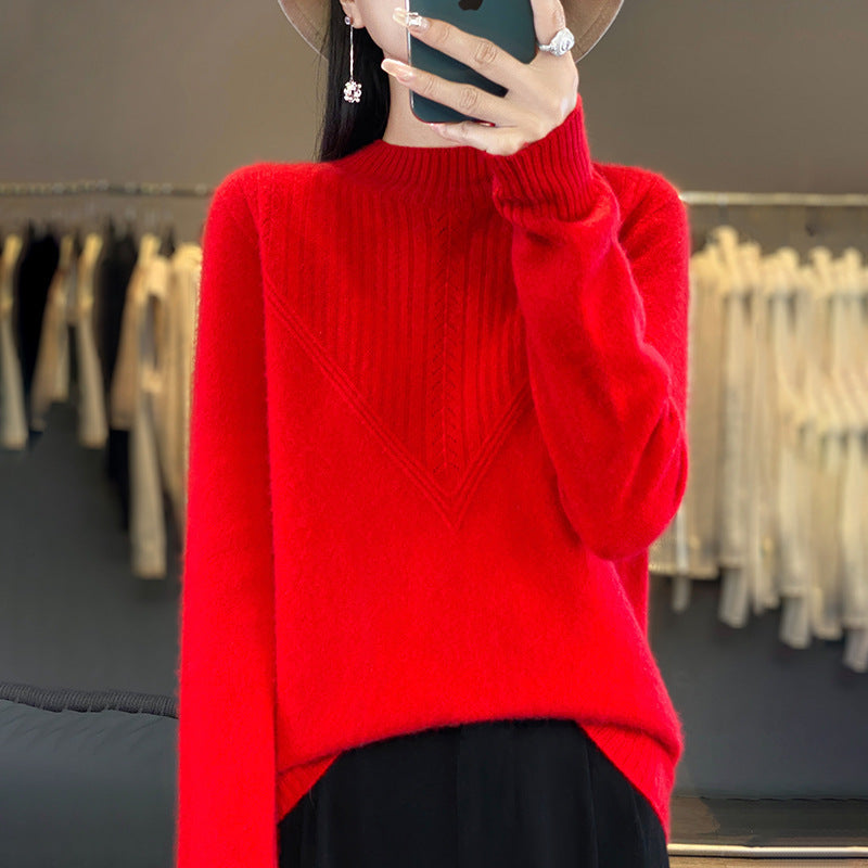 Damen Lockerer Mohair‑Blend Pullover mit strukturierter V‑Paneel und Stehkragen Echoarchiv