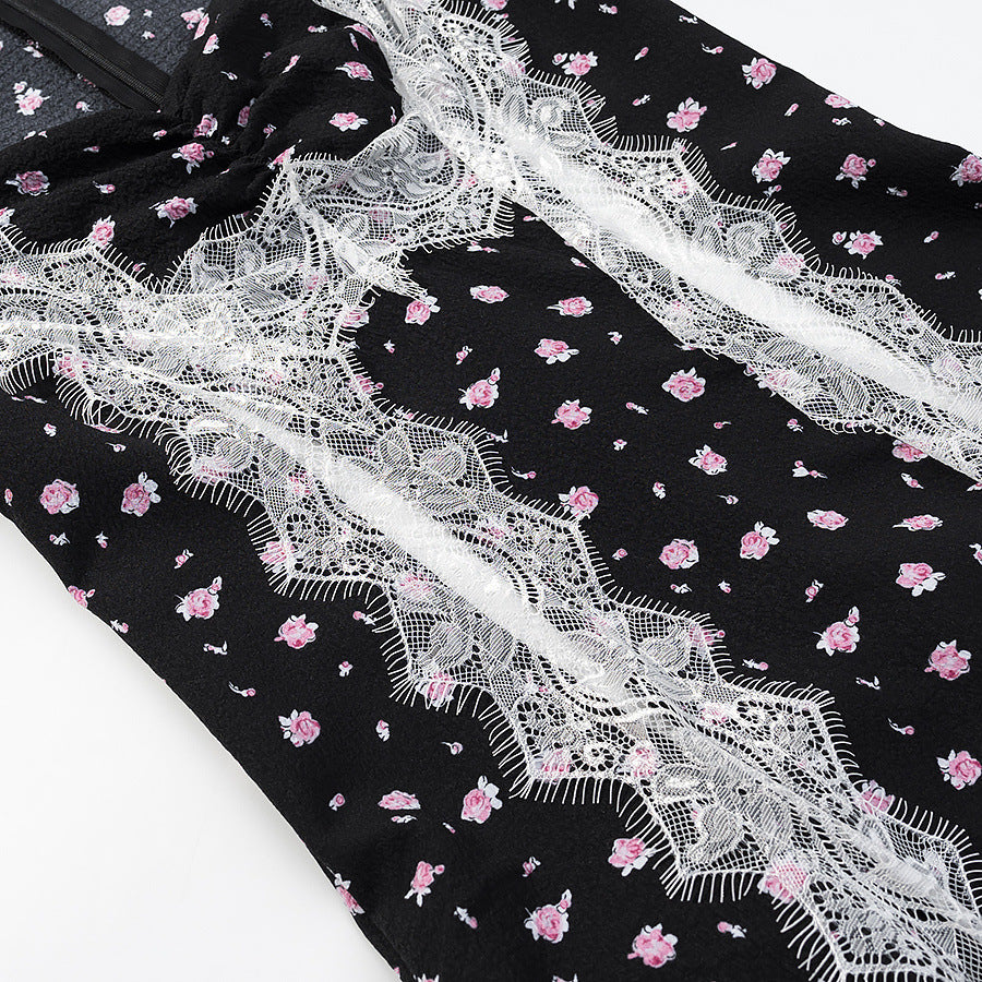 Damen Maxikleid mit Spitzeneinsatz, langen Ärmeln und floralem Allover-Print Echoarchiv