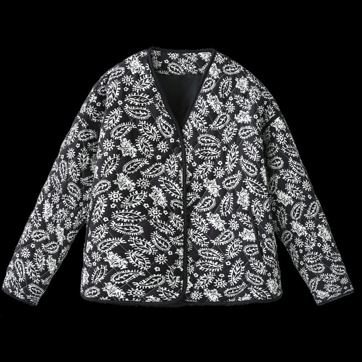 Damen Steppjacke mit Paisley‑Muster, V‑Ausschnitt und kontrastierender Paspelierung Echo Archiv