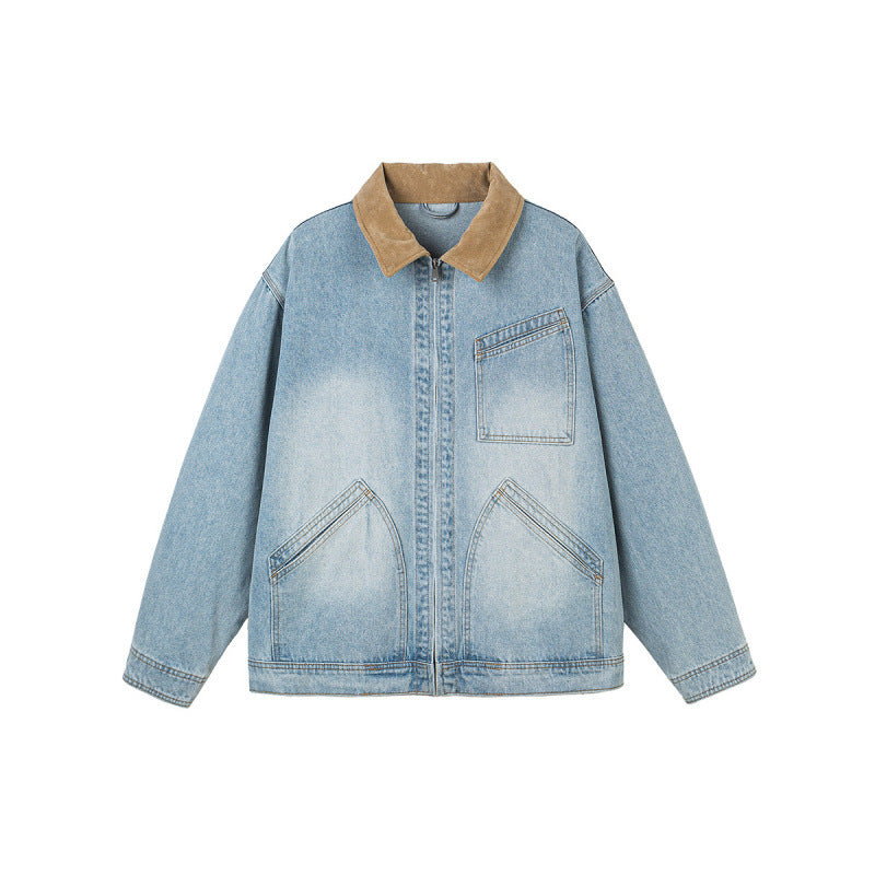 Herren Boxy-Denimjacke im Worker-Stil mit Cordkragen und Frontreißverschluss Echo Archiv