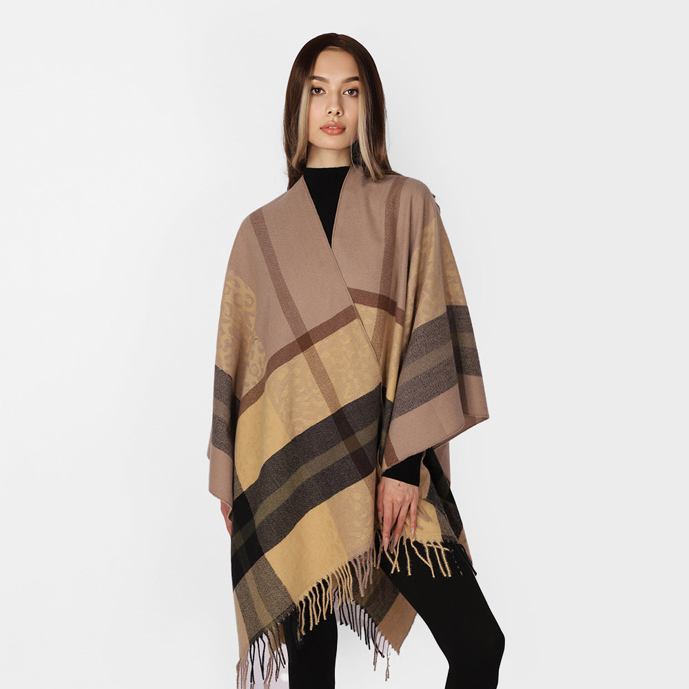 Damen Übergroßer Poncho mit Fransen und Karomuster Echo Archiv
