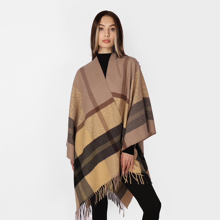 Damen Übergroßer Poncho mit Fransen und Karomuster Echo Archiv