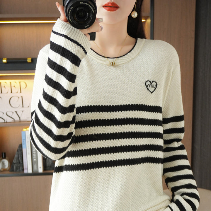 Damen Oversize-Strickpullover mit Wabenstruktur, kontrastierenden Streifen und dezentem Herzlogo Echoarchiv