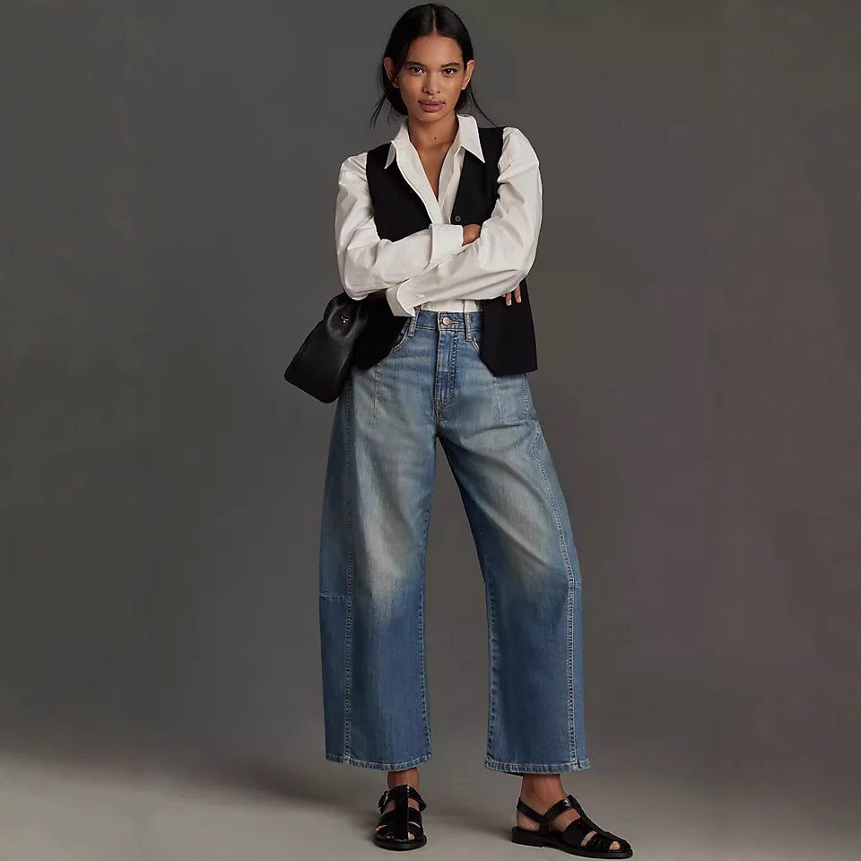 Damen nan hochgeschnittene weite Culotte-Jeans mit verkürzter Länge und dekorativen Nahtdetails Echo Archiv