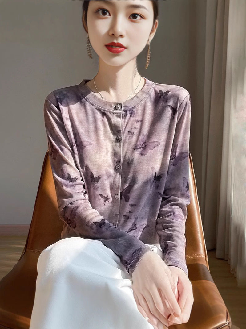 Damen Leichter Aquarell‑Print Feinstrick‑Cardigan mit Rundhalsausschnitt und Knopfleiste Echoarchiv