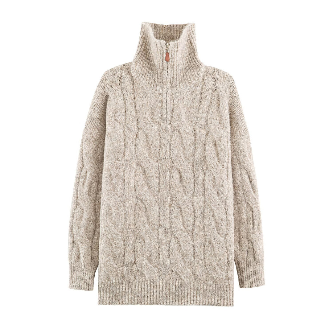 Damen Grobgestrickter Longpullover mit Zopfmuster und halbhohem Reißverschlusskragen Echoarchiv