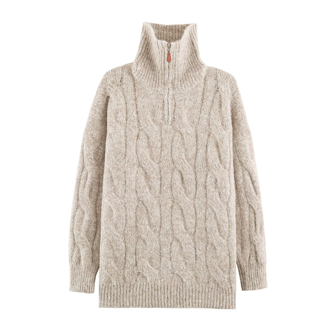 Damen Grobgestrickter Longpullover mit Zopfmuster und halbhohem Reißverschlusskragen Echoarchiv