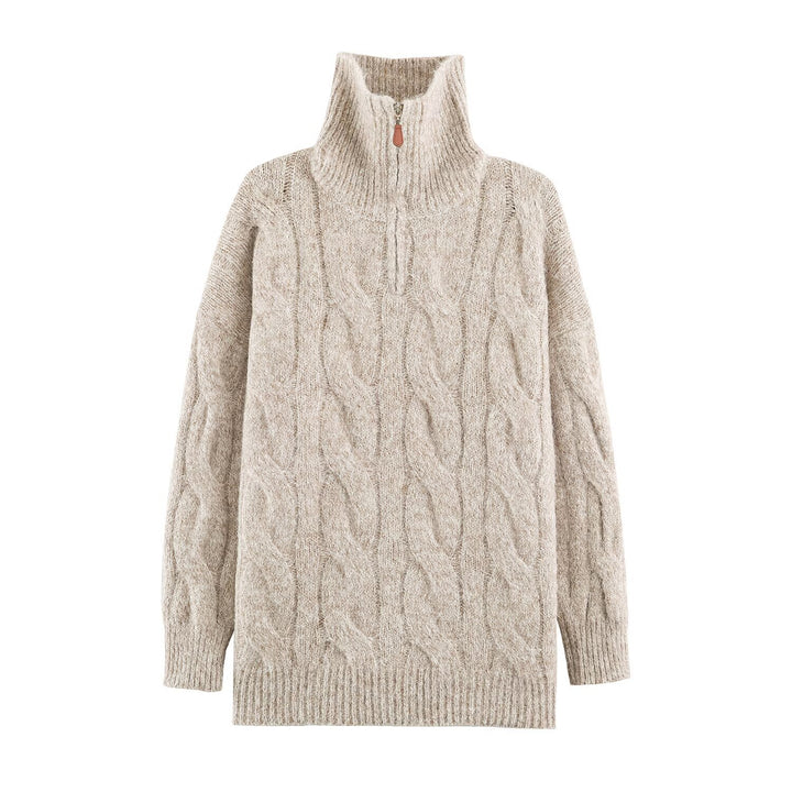 Damen Grobgestrickter Longpullover mit Zopfmuster und halbhohem Reißverschlusskragen Echoarchiv
