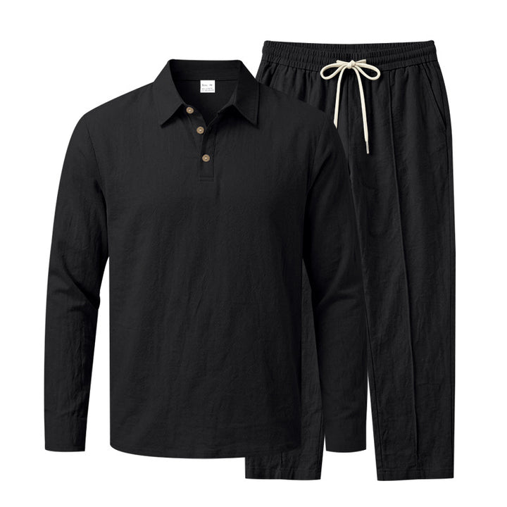 Herren Langarm-Henley-Lounge-Set aus leichter Baumwollmischung mit Kordelzug Echoarchiv