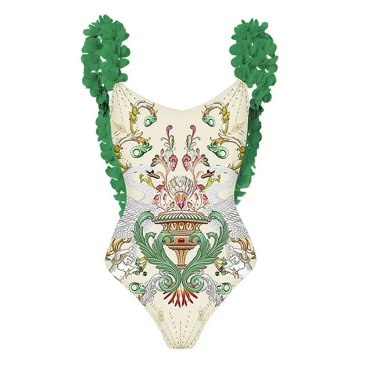 Damen Badeanzug-Set mit floraler Rüschendekoration und elegantem Maxirock Echo Archiv