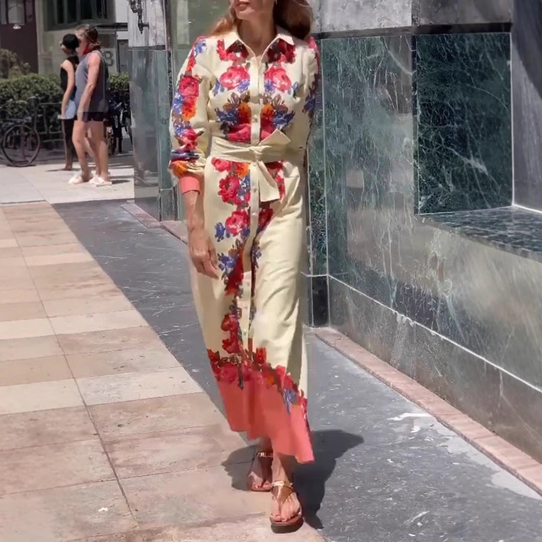 Damen nan langes Hemdblusenkleid mit floralem Print, Bindegürtel und Volantbesatz Echo Archiv