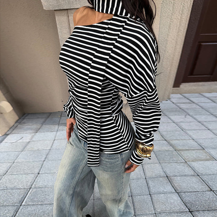 Damen asymmetrisches Streifenoberteil mit schulterfreiem Design und eleganter Schluppe Echo Archiv