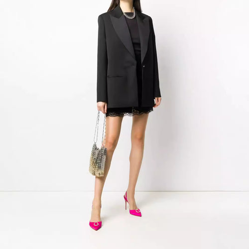 Damen Oversize Einreihiger Longblazer mit Satin-Schalkragen und cleanem Tailoring Echoarchiv