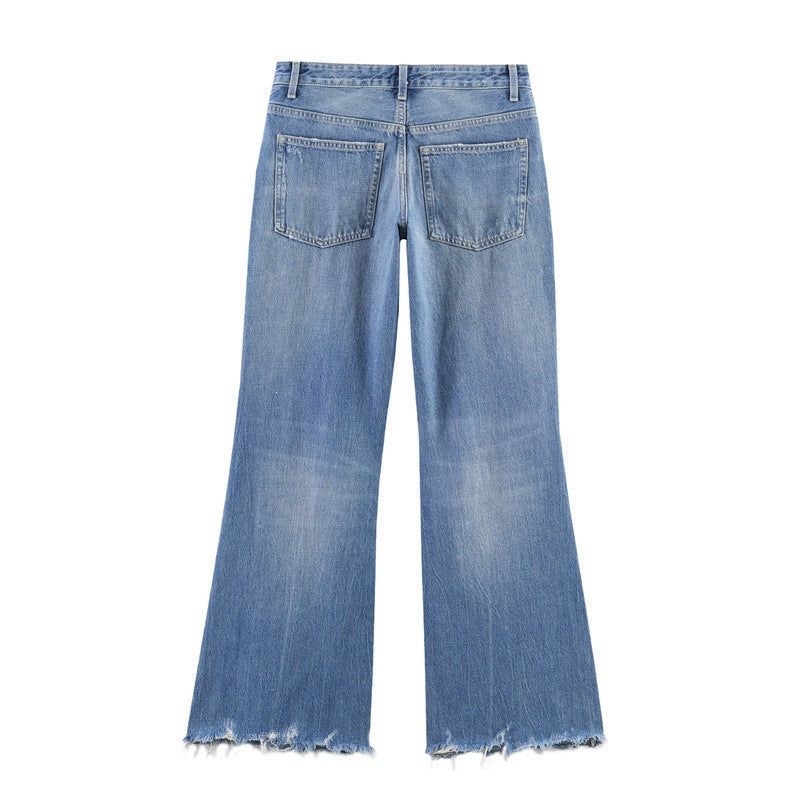 Damen Flared Jeans im Used-Look mit Fransen und Destroyed-Details Echo Archiv