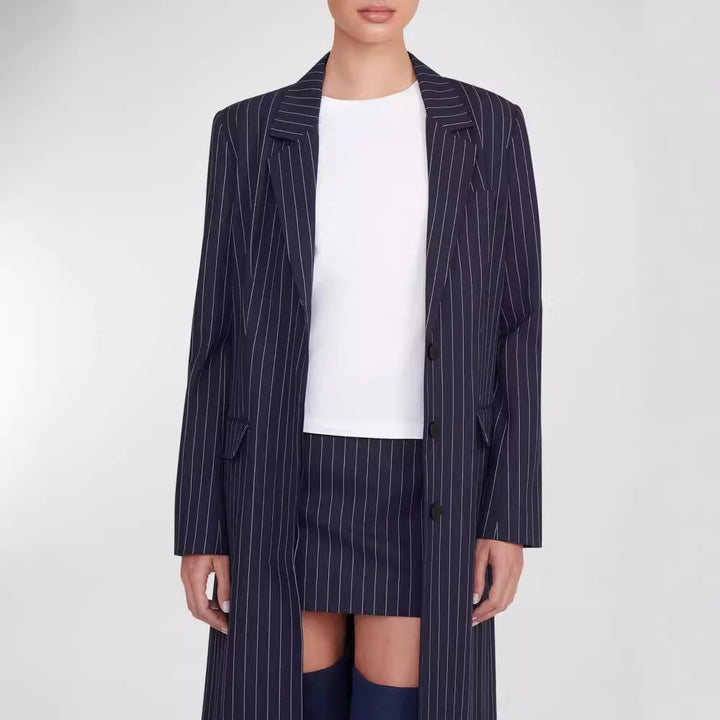 Damen Oversize Longline-Mantel im Nadelstreifen-Look mit Schlitz und Pattentaschen Echoarchiv