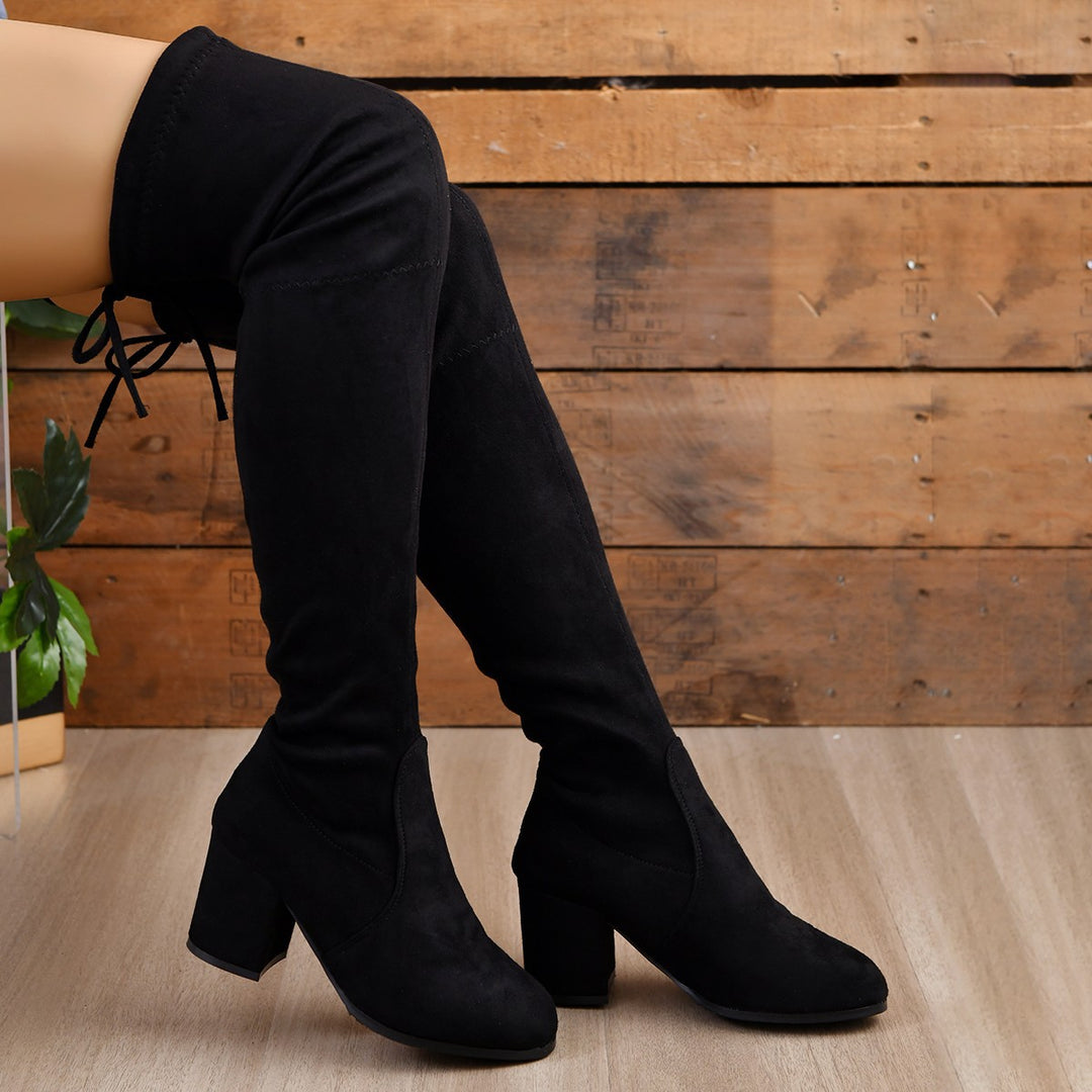 Damen Stretch Overknee Stiefel mit elastischem Schaft und mittlerem Blockabsatz Echoarchiv
