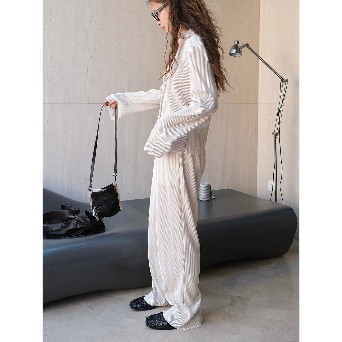 Damen Weite Palazzo‑Hose aus geripptem Feinstrick mit Elastbund Echoarchiv