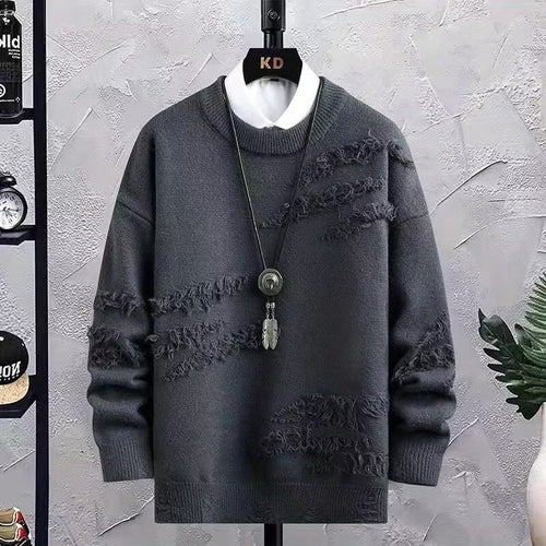 Herren Oversized Strickpullover mit Fransen‑Used‑Details und Rundhalsausschnitt Echoarchiv