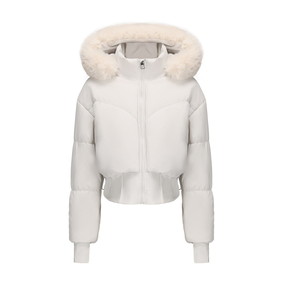 Damen cropped Daunenjacke mit abnehmbarer Kapuze und Kunstfellbesatz – Célinea