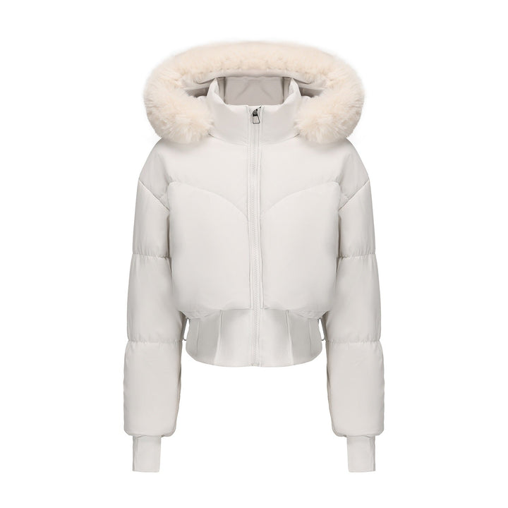Damen cropped Daunenjacke mit abnehmbarer Kapuze und Kunstfellbesatz – Célinea