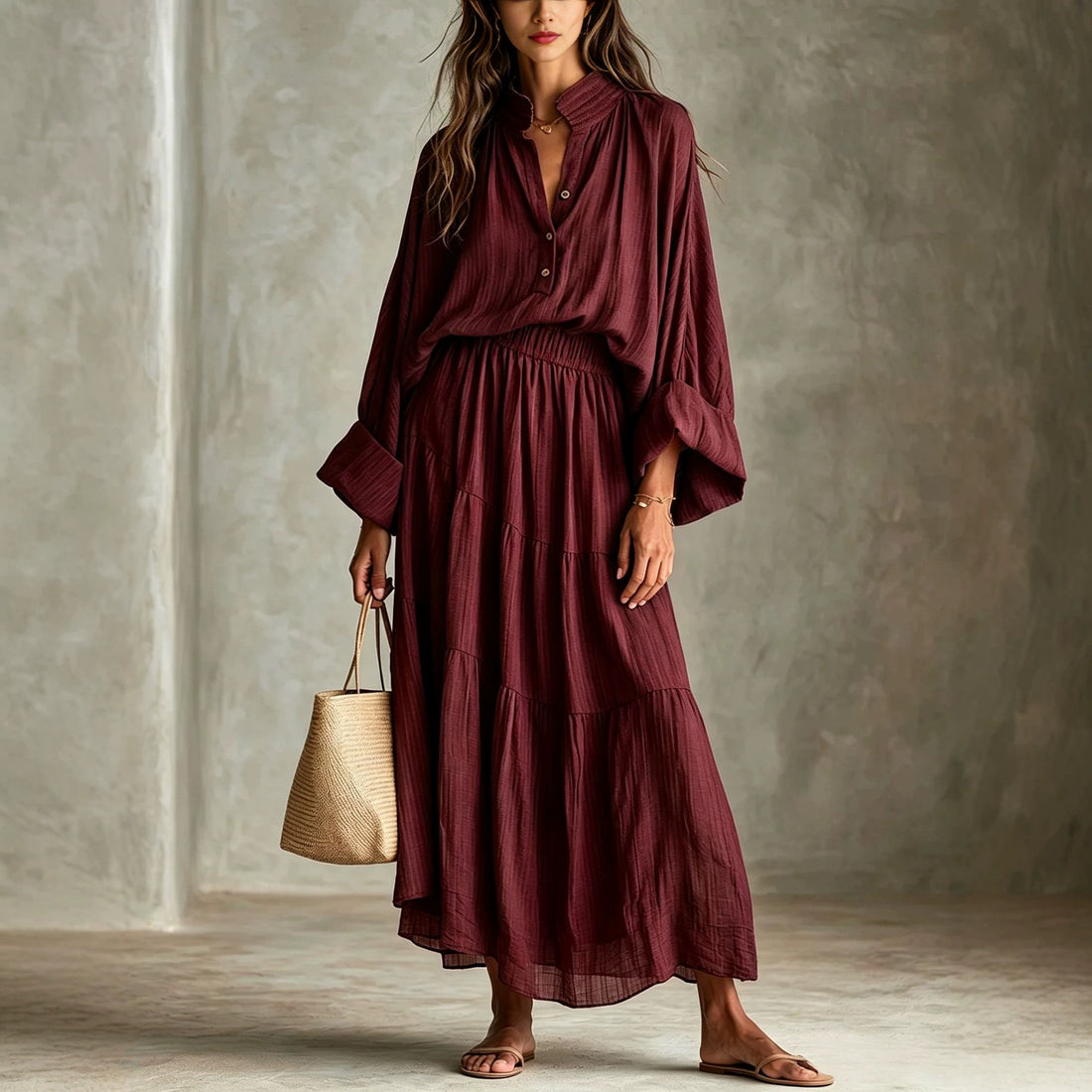 Damen Maxikleid mit geraffter Taille, Stehkragen und voluminösen Ballonärmeln Echoarchiv
