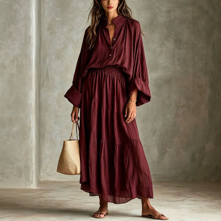 Damen Maxikleid mit geraffter Taille, Stehkragen und voluminösen Ballonärmeln Echoarchiv