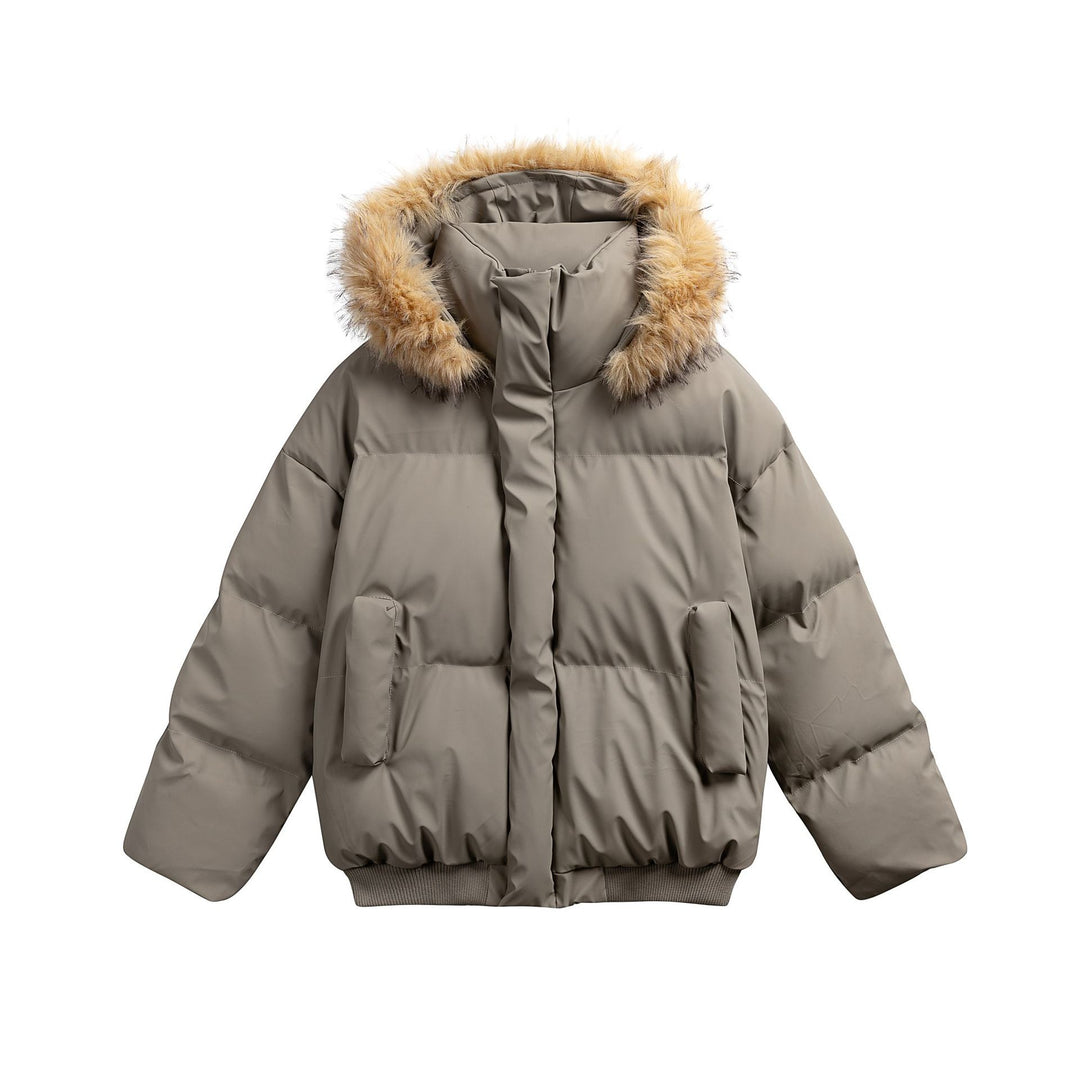 Damen Wattierte Kurzsteppjacke mit Kunstfellkapuze und geripptem Saum Echoarchiv