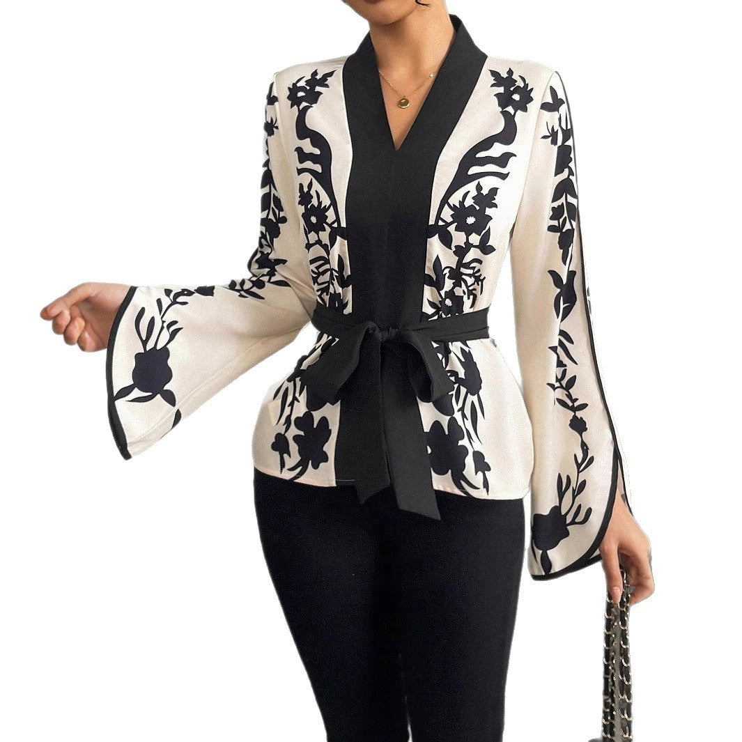 Damen Kimono-Bluse mit floralem Druck, V-Ausschnitt und Taillenbindegürtel – Avérine