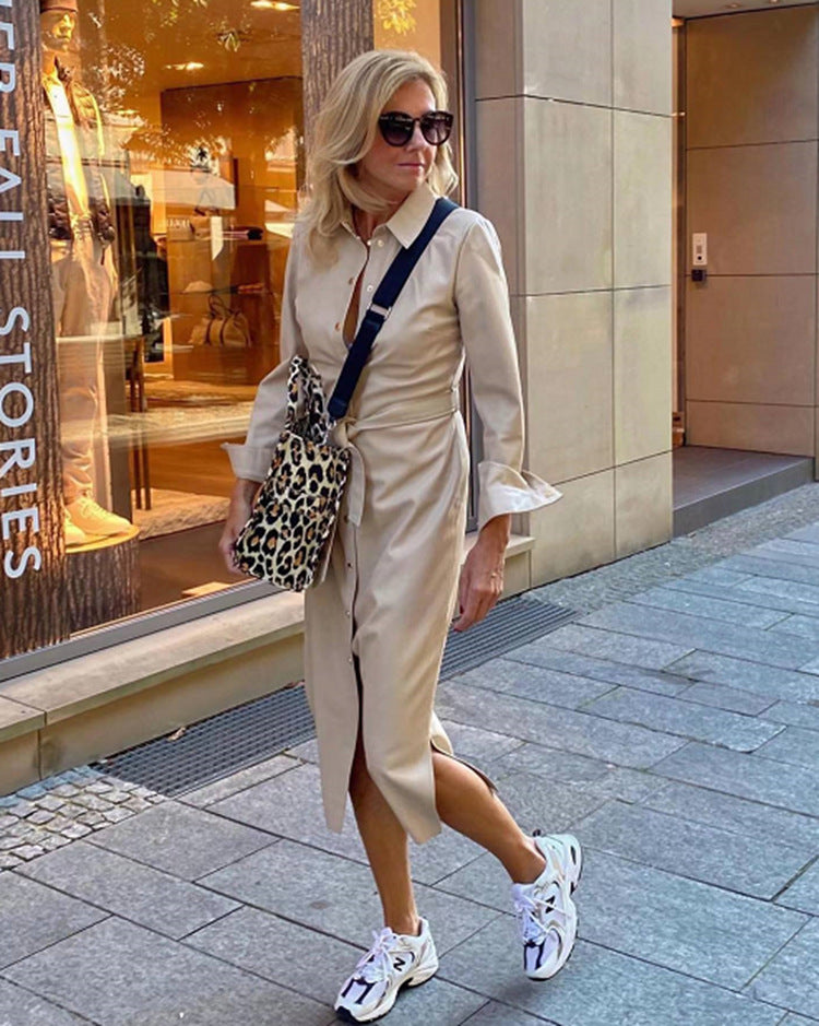 Damen nan figurnahe Hemdblusen-Midikleid mit Taillenbindegürtel, Volantmanschetten und dezenter Frontschlitz Echo Archiv